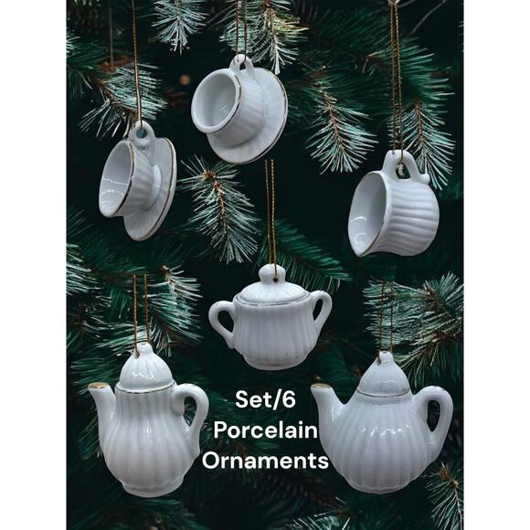 Lillian Vernon Tea Cup Saucer Teapot Mini Christmas Ornaments Set 6 Piece NEW - Picture 1 of 16